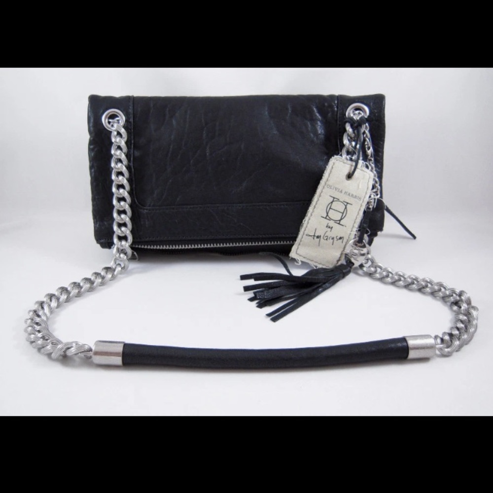 Olivia Harris Zip Pocket Foldover Leather Shoulder Bag Black chain strap